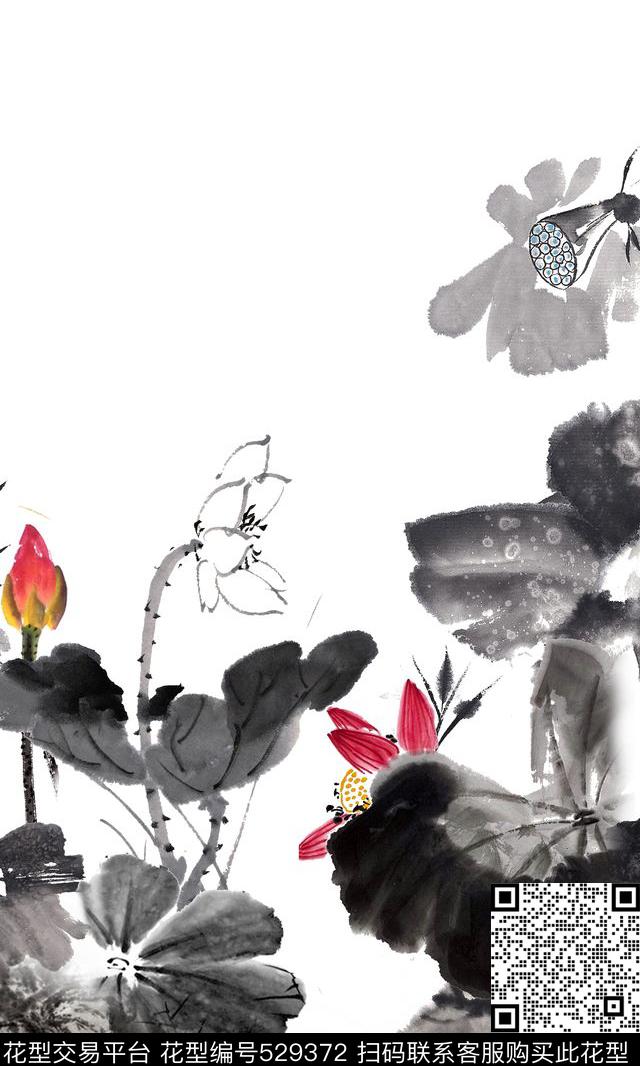 中国风水墨荷花旗袍华亿平台数码印花华亿平台下载（图片编号: 529372） - 瓦栏（Walan）