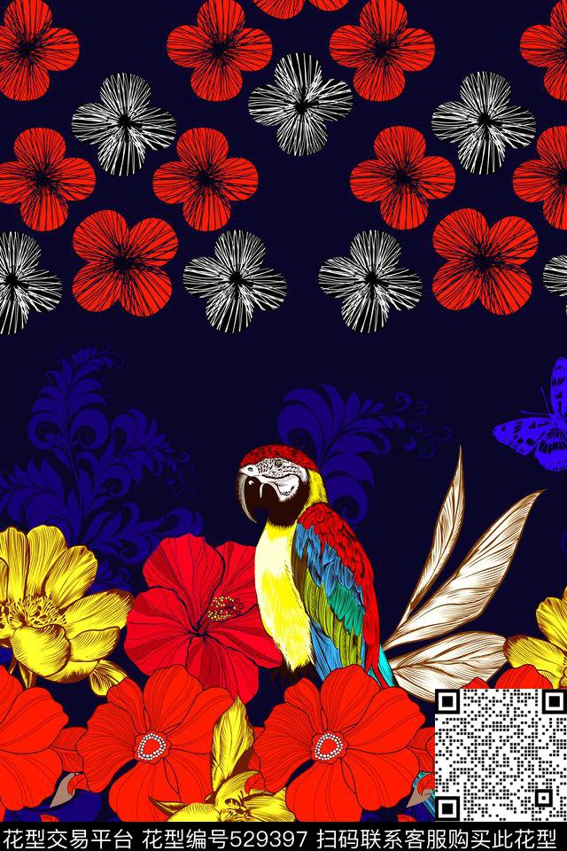 鸟类鹦鹉花卉数码印花华亿平台下载（图片编号: 529397） - 瓦栏（Walan）