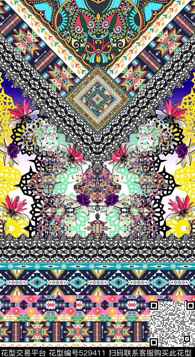 民族风蕾丝条纹数码印花华亿平台下载（图片编号: 529411） - 瓦栏（Walan）