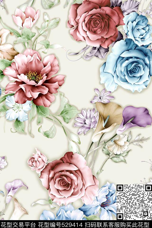 时尚花卉牡丹数码印花华亿平台下载（图片编号: 529414） - 瓦栏（Walan）