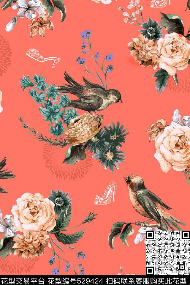 花卉鸟女鞋数码印花华亿平台下载（图片编号: 529424） - 瓦栏（Walan）