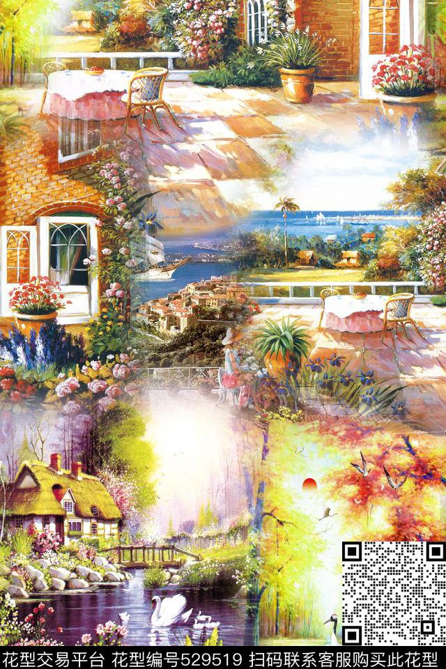 风景潮流时尚大牌欧美风格数码印花华亿平台下载（图片编号: 529519） - 瓦栏（Walan）