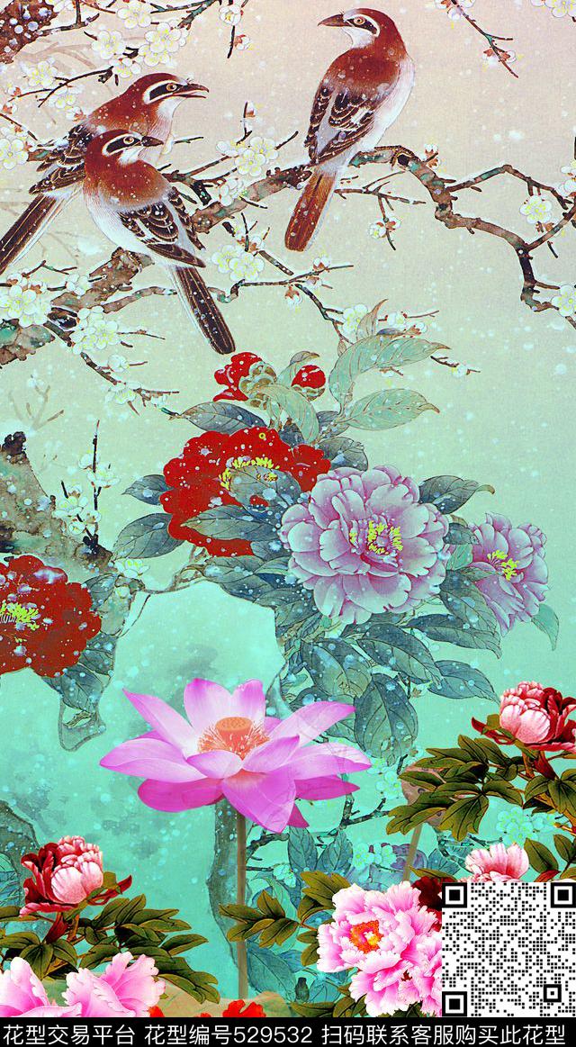 中国风国花牡丹荷花树枝小鸟渐变数码印花华亿平台下载（图片编号: 529532） - 瓦栏（Walan）
