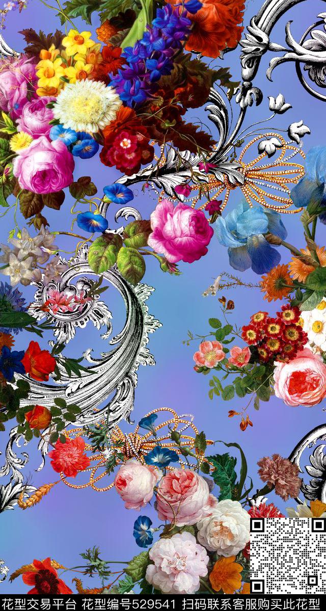 花卉卷草链子数码印花华亿平台下载（图片编号: 529541） - 瓦栏（Walan）