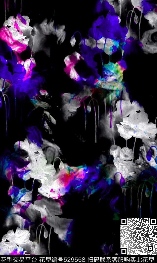 朦胧大花水墨数码印花华亿平台下载（图片编号: 529558） - 瓦栏（Walan）