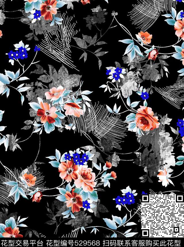 缠枝花卉剪影数码印花华亿平台下载（图片编号: 529568） - 瓦栏（Walan）