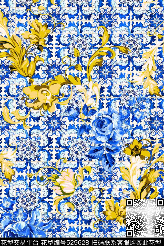 时尚青花瓷地砖数码印花华亿平台下载（图片编号: 529628） - 瓦栏（Walan）