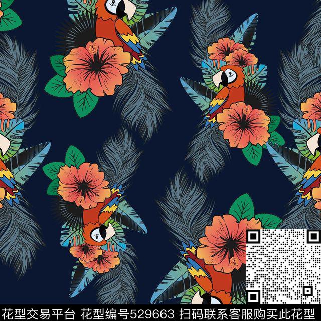 时尚花鸟手绘传统印花华亿平台下载（图片编号: 529663） - 瓦栏（Walan）