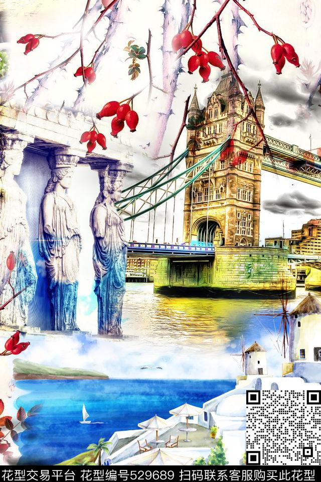 欧美休闲手绘建筑数码印花华亿平台下载（图片编号: 529689） - 瓦栏（Walan）