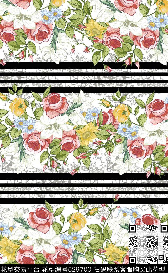 流行时尚手绘花卉时尚手绘乱底条纹花卉流行时尚花卉传统印花华亿平台下载（图片编号: 529700） - 瓦栏（Walan）