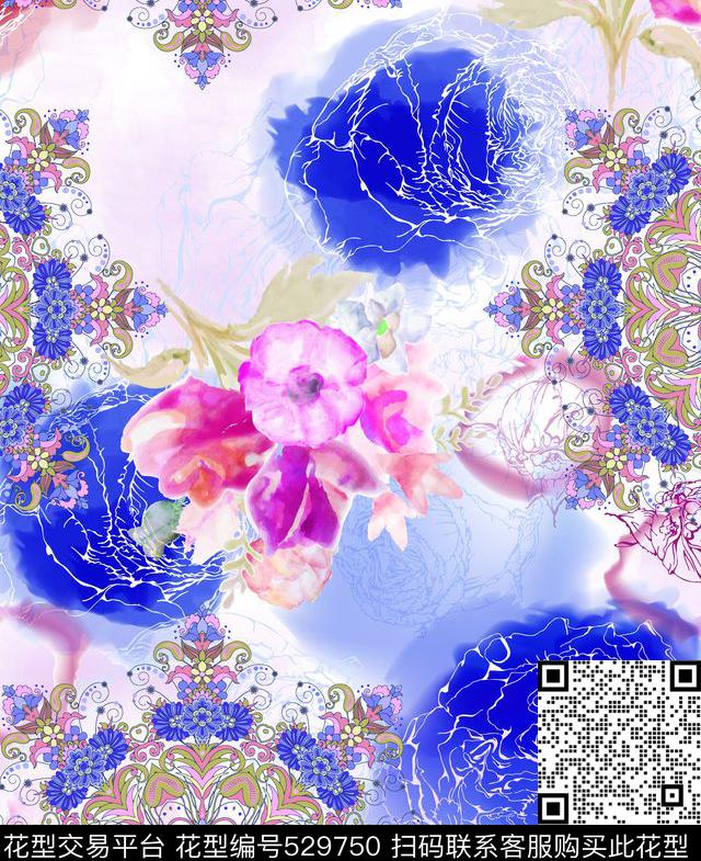 蕾丝花团手绘水彩花卉数码印花华亿平台下载（图片编号: 529750） - 瓦栏（Walan）