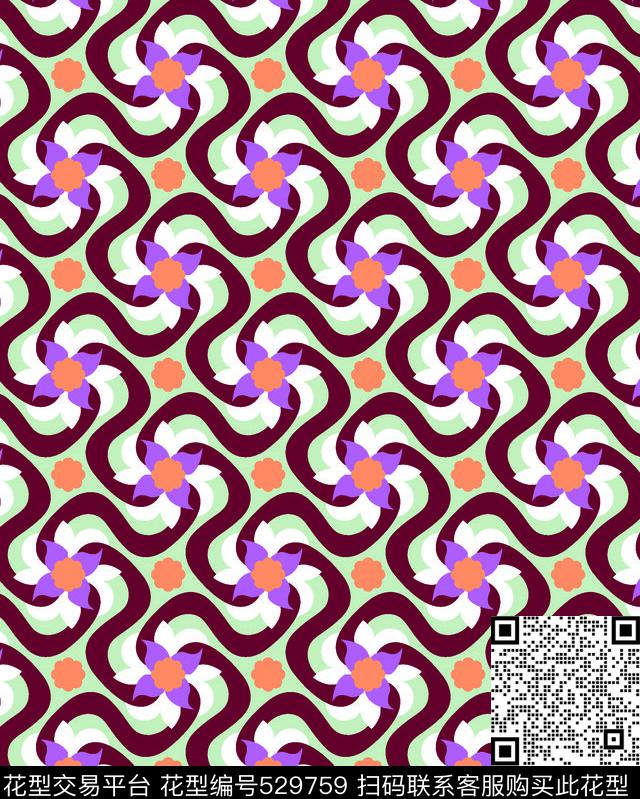 几何风车花卉传统印花华亿平台下载（图片编号: 529759） - 瓦栏（Walan）