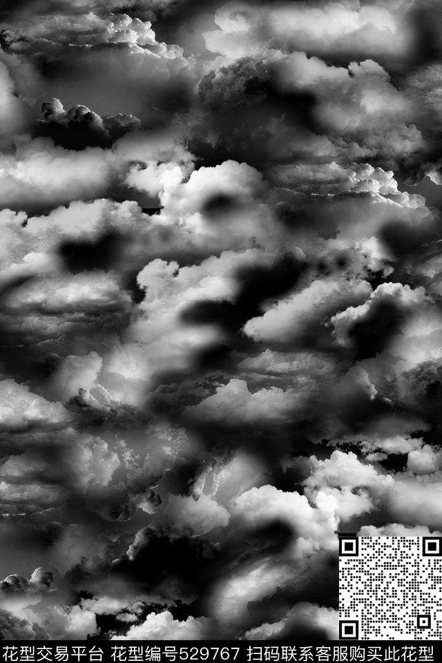黑白经典云朵休闲风数码印花华亿平台下载（图片编号: 529767） - 瓦栏（Walan）