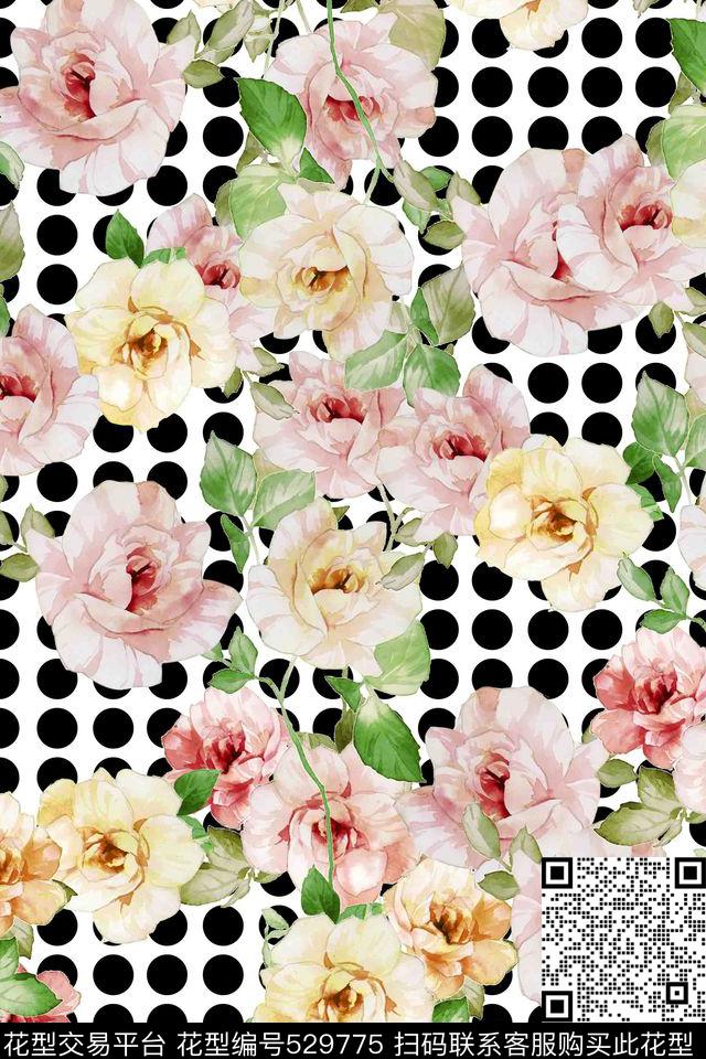 流行时尚花卉波点数码印花华亿平台下载（图片编号: 529775） - 瓦栏（Walan）