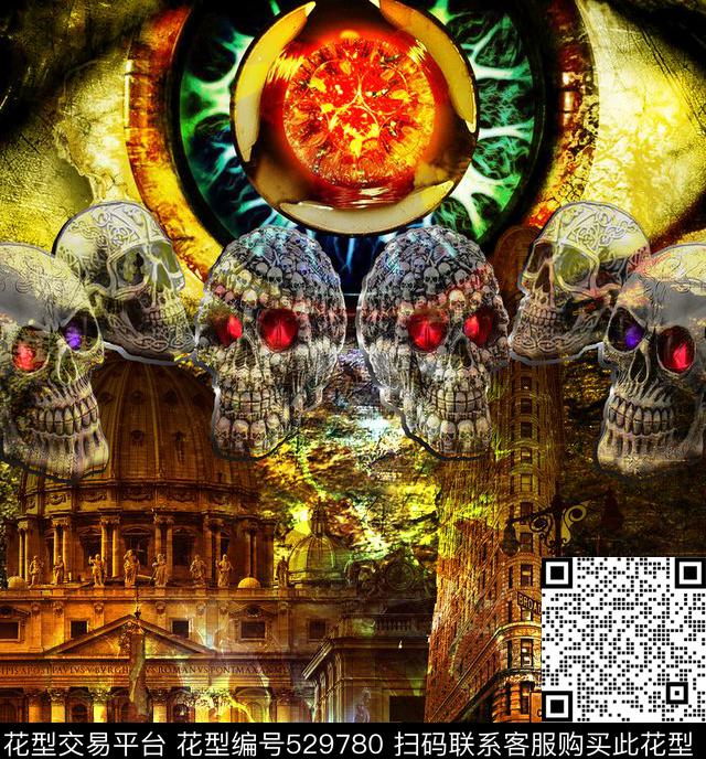 欧式建筑眼睛骷颅头数码印花华亿平台下载（图片编号: 529780） - 瓦栏（Walan）