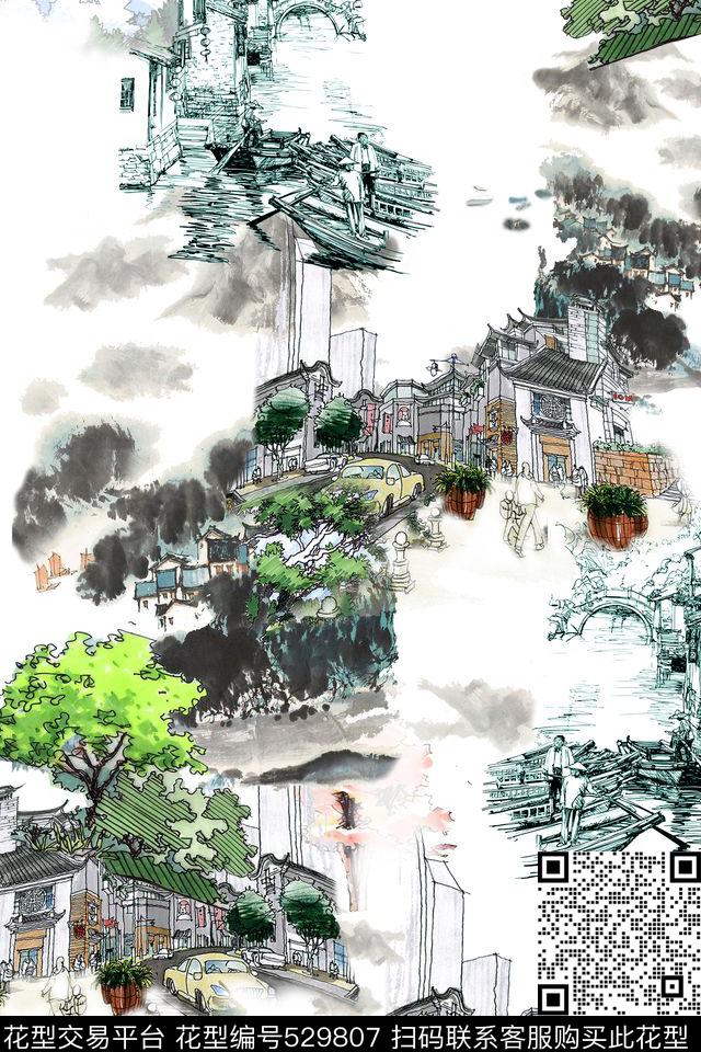 写生速写建筑树木线条数码印花华亿平台下载（图片编号: 529807） - 瓦栏（Walan）