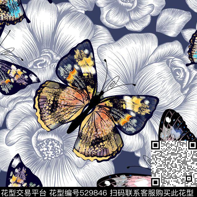 素描精细线条花卉数码印花华亿平台下载（图片编号: 529846） - 瓦栏（Walan）