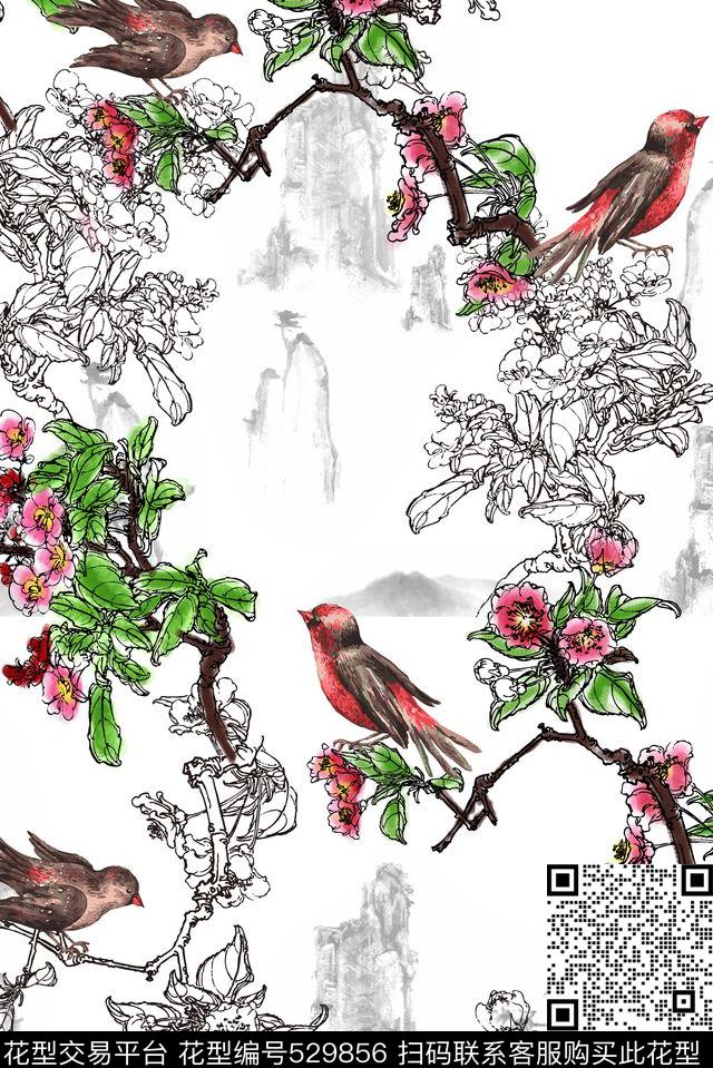 手绘中国风山水数码印花华亿平台下载（图片编号: 529856） - 瓦栏（Walan）