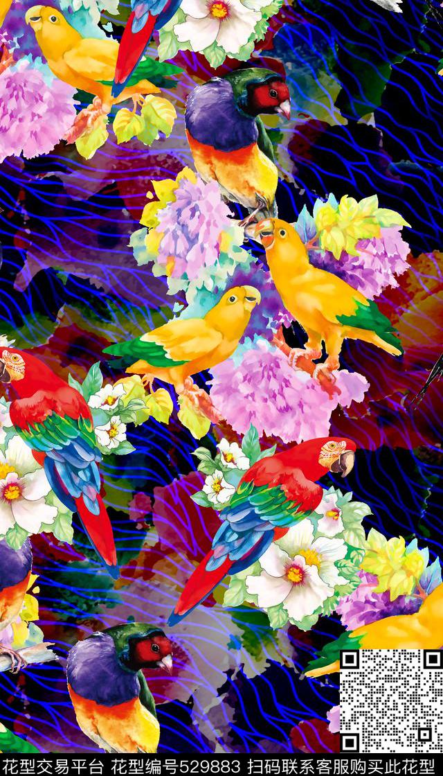 水彩风鹦鹉花卉数码印花华亿平台下载（图片编号: 529883） - 瓦栏（Walan）