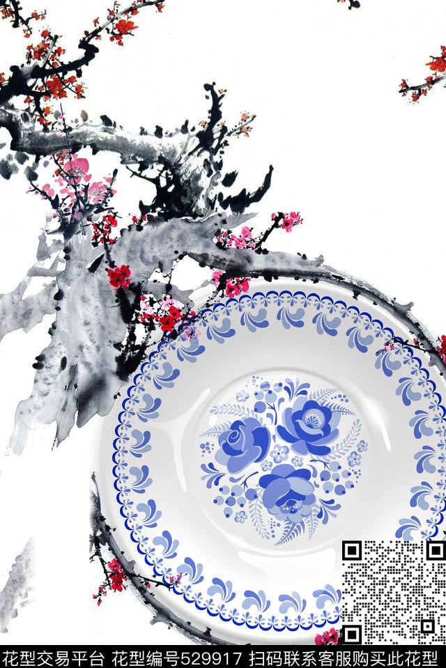 中国风水墨画梅花数码印花华亿平台下载（图片编号: 529917） - 瓦栏（Walan）