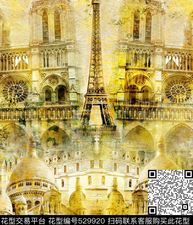 欧式建筑埃菲尔铁塔大本钟数码印花华亿平台下载（图片编号: 529920） - 瓦栏（Walan）