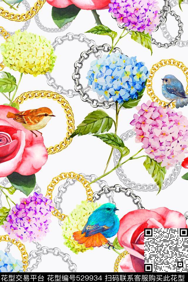 鸟类花卉水彩画数码印花华亿平台下载（图片编号: 529934） - 瓦栏（Walan）