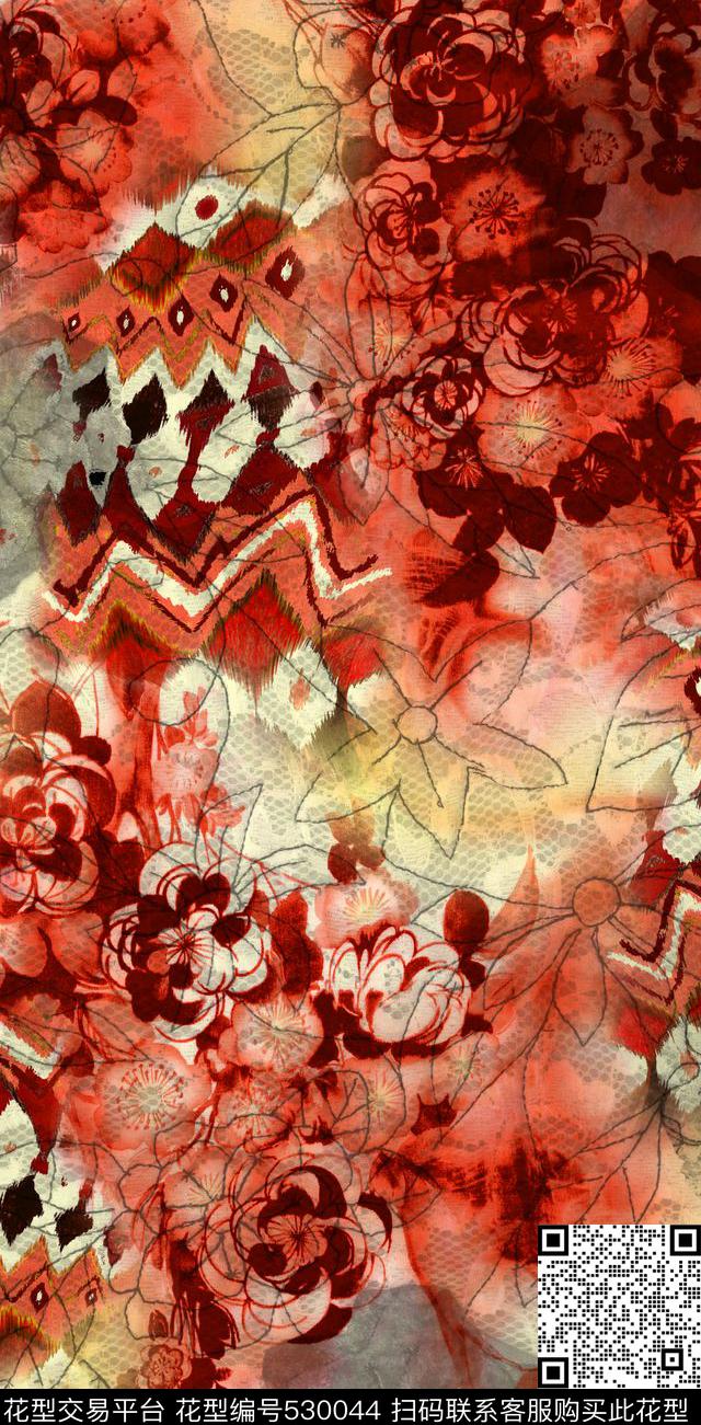 抽象蕾丝花卉波纹几何花蕾丝加花数码印花华亿平台下载（图片编号: 530044） - 瓦栏（Walan）