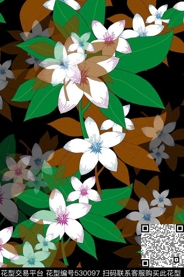 花卉绿叶写意数码印花华亿平台下载（图片编号: 530097） - 瓦栏（Walan）