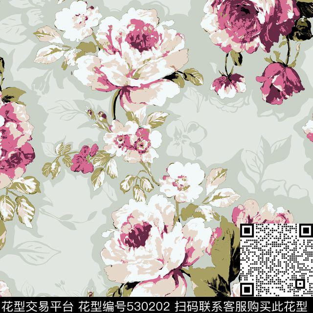 花卉现代写实传统印花华亿平台下载（图片编号: 530202） - 瓦栏（Walan）