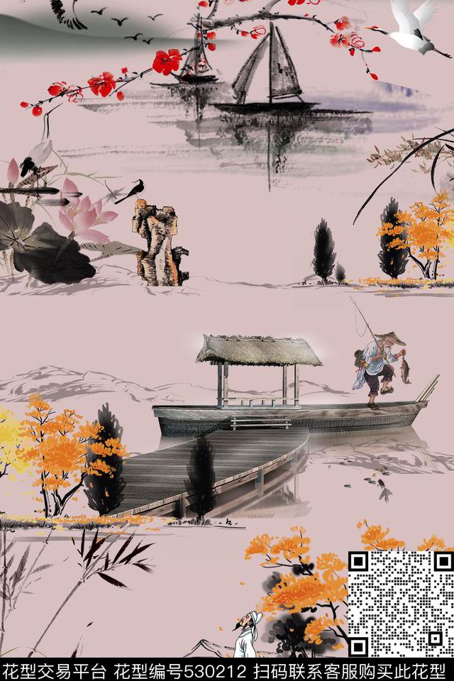 中国风水墨人物写意数码印花华亿平台下载（图片编号: 530212） - 瓦栏（Walan）