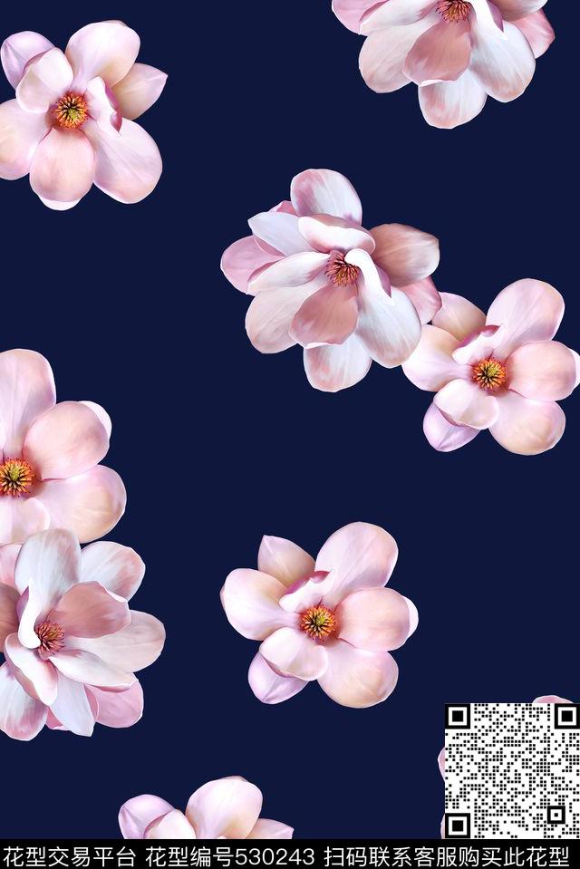 花卉简约蓝底数码印花华亿平台下载（图片编号: 530243） - 瓦栏（Walan）