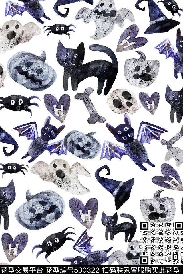 复古水墨万圣节数码印花华亿平台下载（图片编号: 530322） - 瓦栏（Walan）