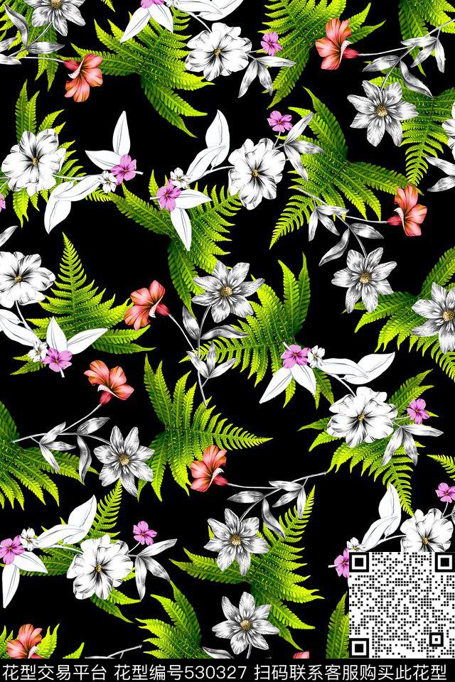 热带树叶小花黑白休闲风数码印花华亿平台下载（图片编号: 530327） - 瓦栏（Walan）