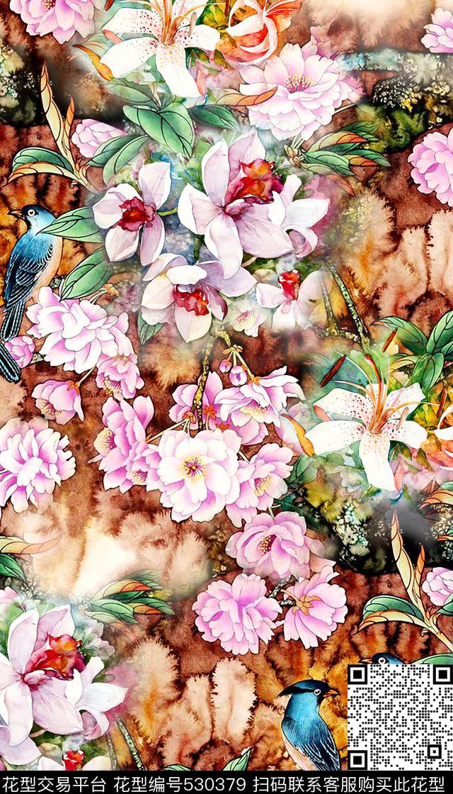 中国风水彩花卉数码印花华亿平台下载（图片编号: 530379） - 瓦栏（Walan）