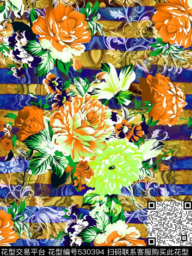 抽象花卉纹理横条数码印花华亿平台下载（图片编号: 530394） - 瓦栏（Walan）