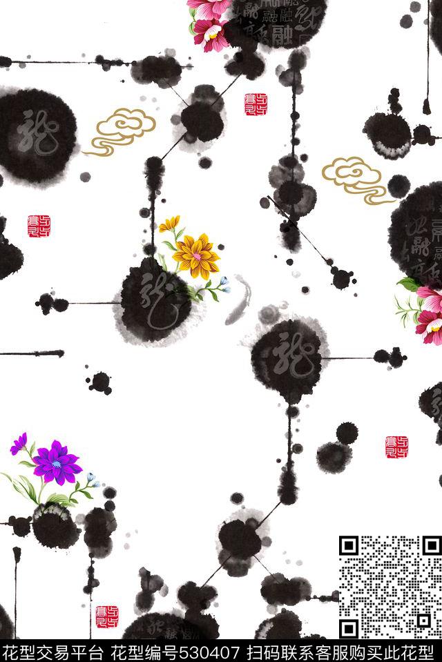 国画花卉墨点数码印花华亿平台下载（图片编号: 530407） - 瓦栏（Walan）