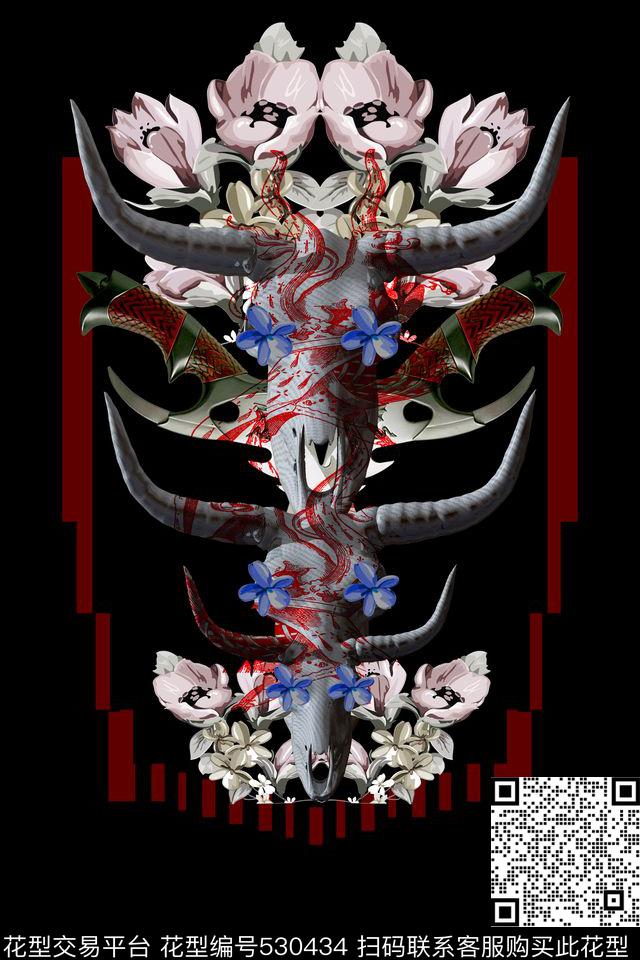 头骨花卉T恤数码印花华亿平台下载（图片编号: 530434） - 瓦栏（Walan）