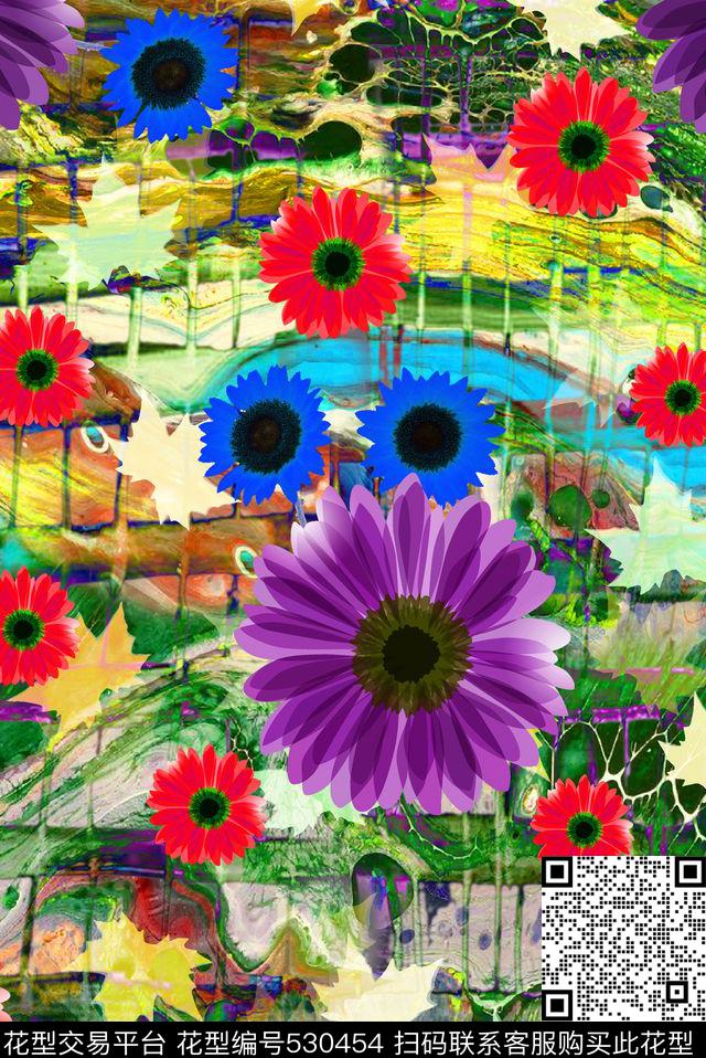 抽象花卉山石树叶数码印花华亿平台下载（图片编号: 530454） - 瓦栏（Walan）