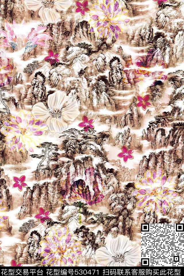 女装潮流时尚大牌手绘花卉数码印花华亿平台下载（图片编号: 530471） - 瓦栏（Walan）