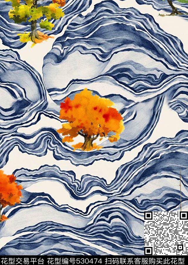 抽象山石纹理红色枫树数码印花华亿平台下载（图片编号: 530474） - 瓦栏（Walan）