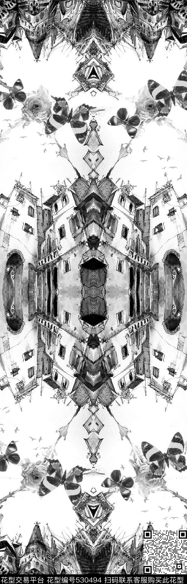 城市建筑抽象手绘数码印花华亿平台下载（图片编号: 530494） - 瓦栏（Walan）