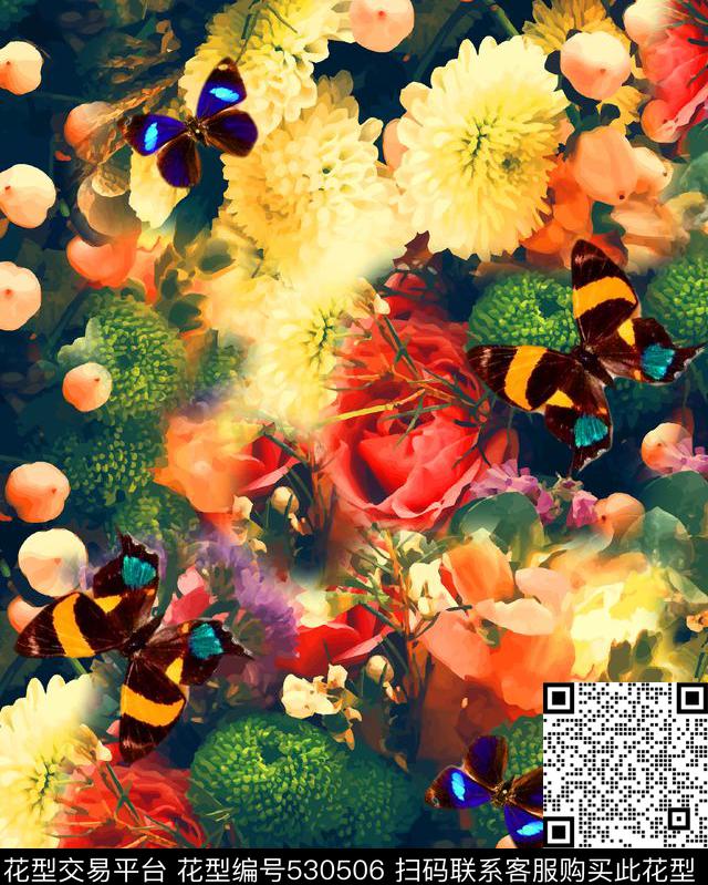 草木蝴蝶花卉数码印花华亿平台下载（图片编号: 530506） - 瓦栏（Walan）