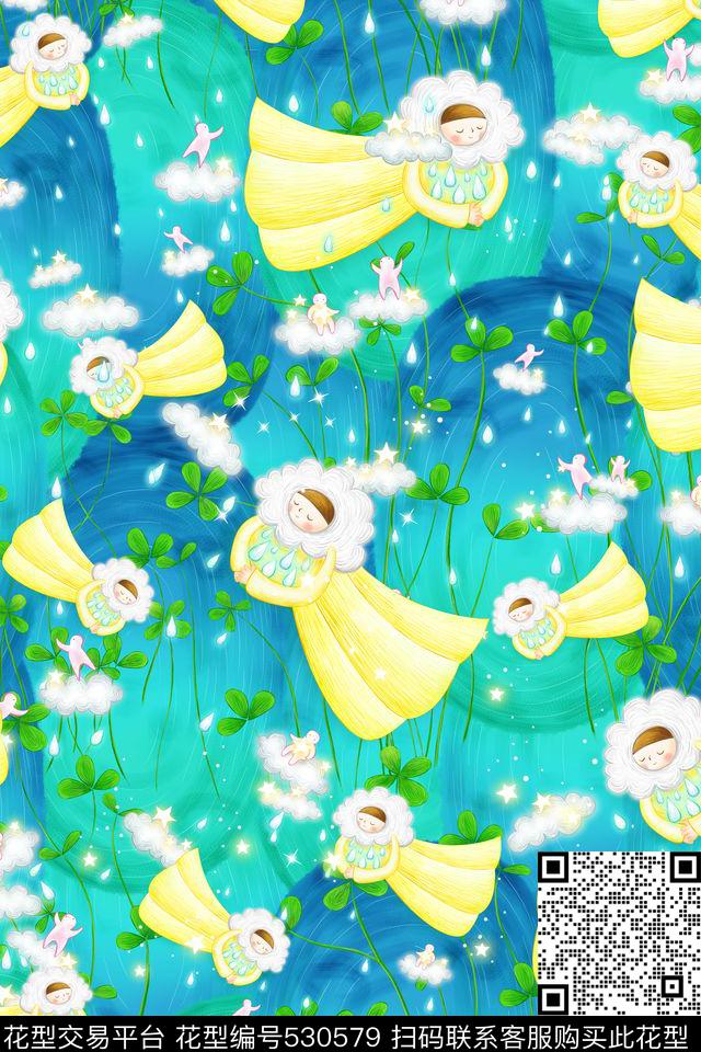 卡通暖娃四叶草数码印花华亿平台下载（图片编号: 530579） - 瓦栏（Walan）