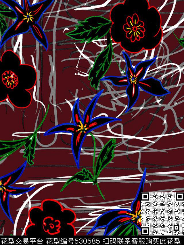 抽象花卉涂鸦传统印花华亿平台下载（图片编号: 530585） - 瓦栏（Walan）