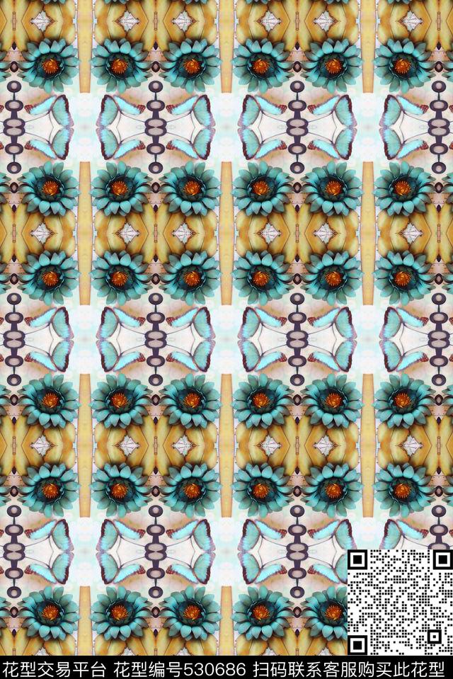 规律花卉民族数码印花华亿平台下载（图片编号: 530686） - 瓦栏（Walan）
