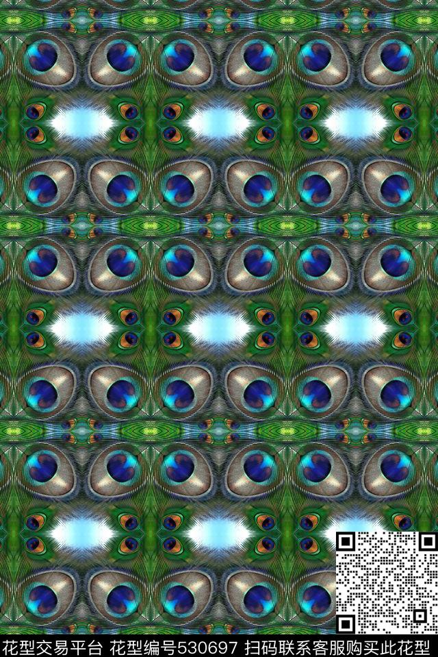 规律孔雀羽毛数码印花华亿平台下载（图片编号: 530697） - 瓦栏（Walan）