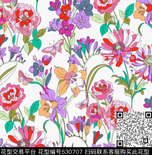 仿古中国风花传统印花华亿平台下载（图片编号: 530707） - 瓦栏（Walan）