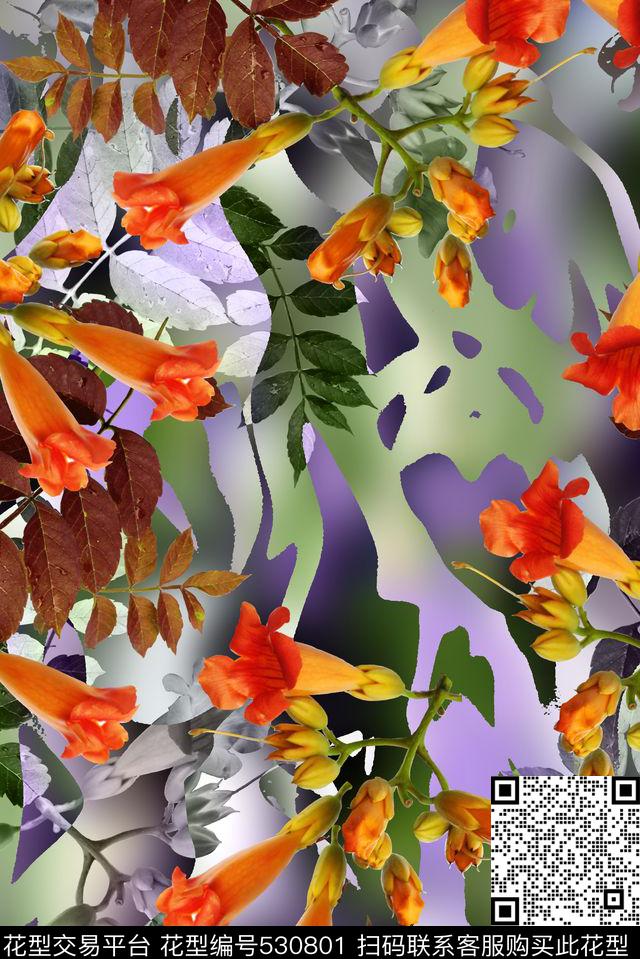 大气抽象时尚女装写实花数码印花华亿平台下载（图片编号: 530801） - 瓦栏（Walan）