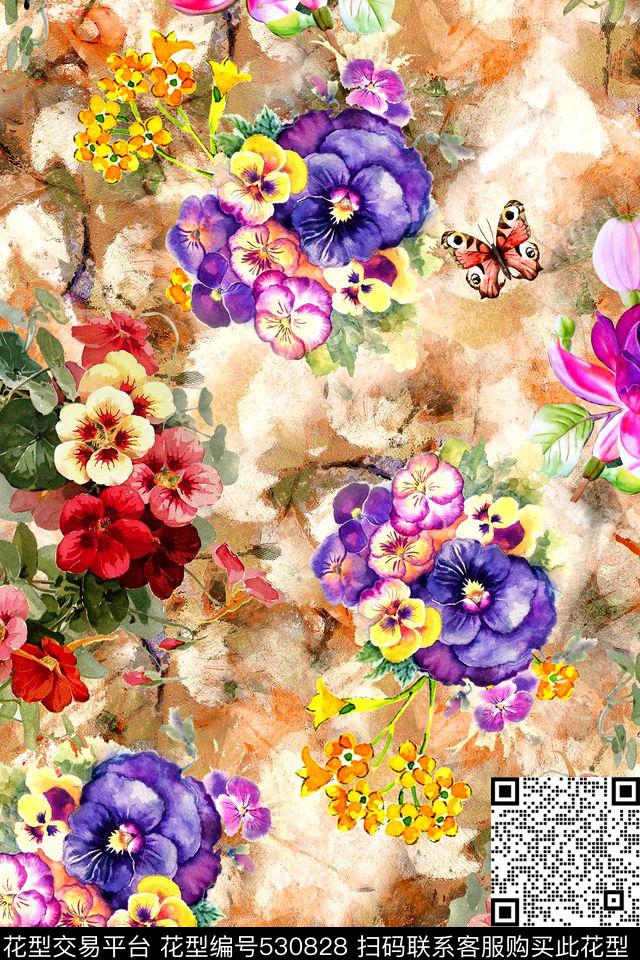 时尚手绘水彩数码印花华亿平台下载（图片编号: 530828） - 瓦栏（Walan）