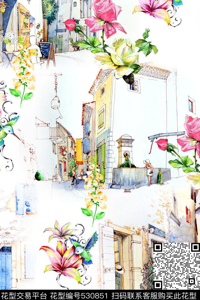 时尚水彩建筑花卉数码印花华亿平台下载（图片编号: 530851） - 瓦栏（Walan）